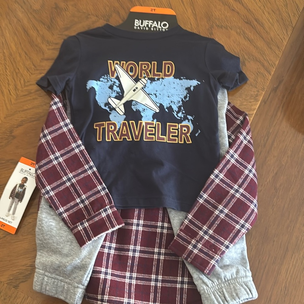 Buffalo 3-piece set; pants, short sleeved shirt, hooded stacket; 2T